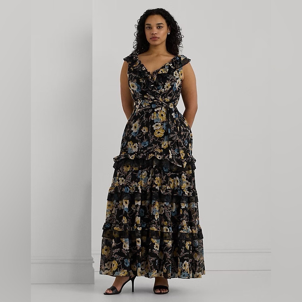 NWT Lauren By Ralph Lauren women's Floral Ruffle-Trim Georgette Gown